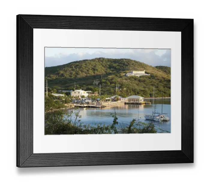 Framed Print : Vieques, Puerto Rico - A seaside marina is set in the waters of a calm ocean bay