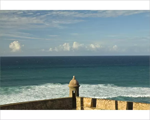 Caribbean, Puerto Rico, Old San Juan. Turret of Fort San Cristobal and Atlantic Ocean