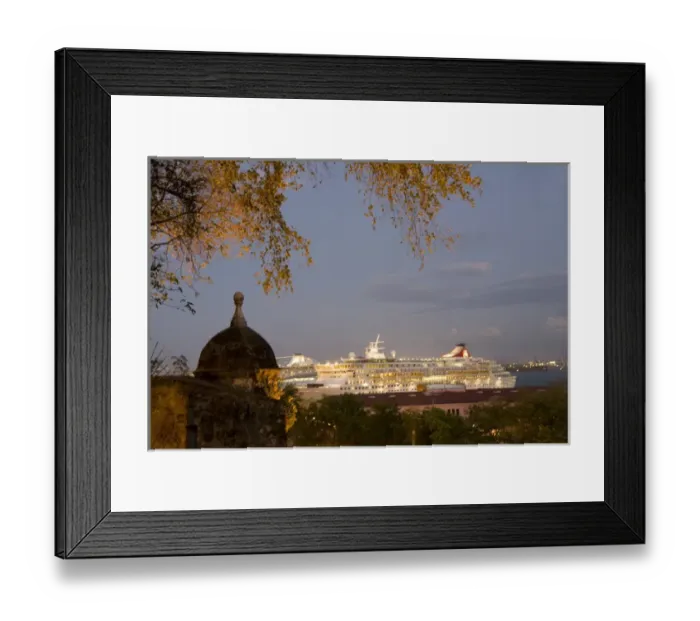 Framed Print : Caribbean, Puerto Rico, Old San Juan. Turret of city wall and cruise ships at dusk Framed Print : Caribbean, Puerto Rico, Old San Juan. Turret of city wall and cruise ships at dusk