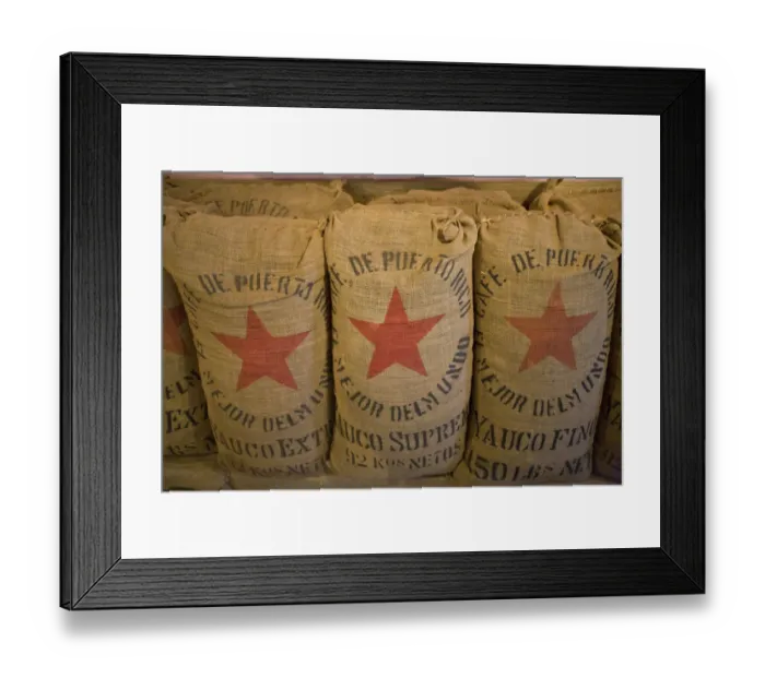 Framed Print : United States, Puerto Rico, Ponce. Bags of coffee beans at Hacienda Buena Vista Framed Print : United States, Puerto Rico, Ponce. Bags of coffee beans at Hacienda Buena Vista