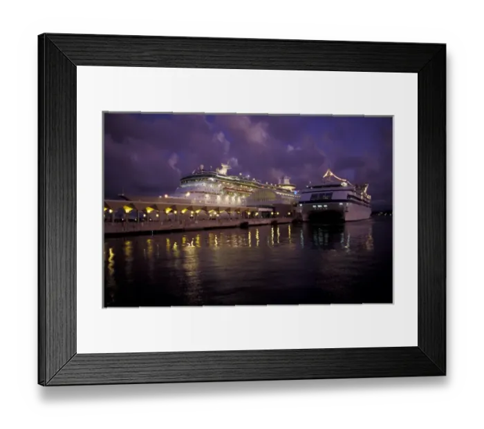 Framed Print : Puerto Rico, Old San Juan. Tourist port; cruise ships in sunset light