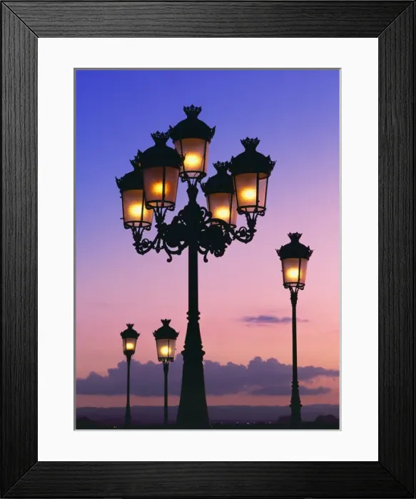 Framed Print : Street lamps just after sunset, San Juan, Puerto Rico