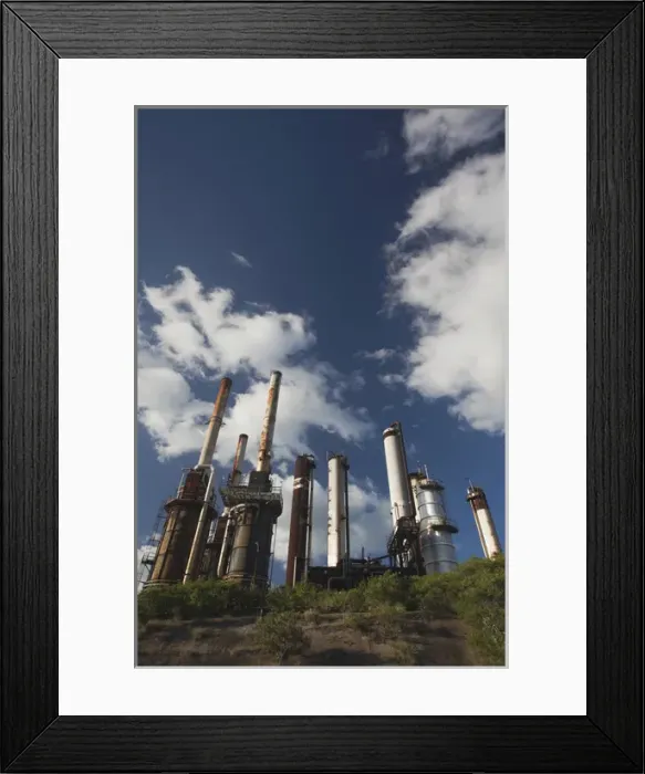 Framed Print : Puerto Rico, South Coast, Guayanilla, smokestacks of abandoned oil refinery