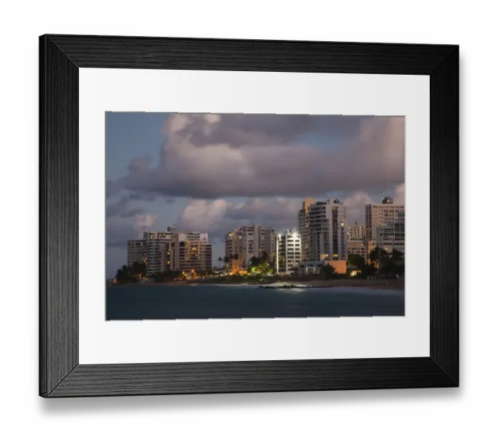 Framed Print : Puerto Rico, San Juan, Condado, Condado high rise buildings and Condado Beach, dusk Framed Print : Puerto Rico, San Juan, Condado, Condado high rise buildings and Condado Beach, dusk