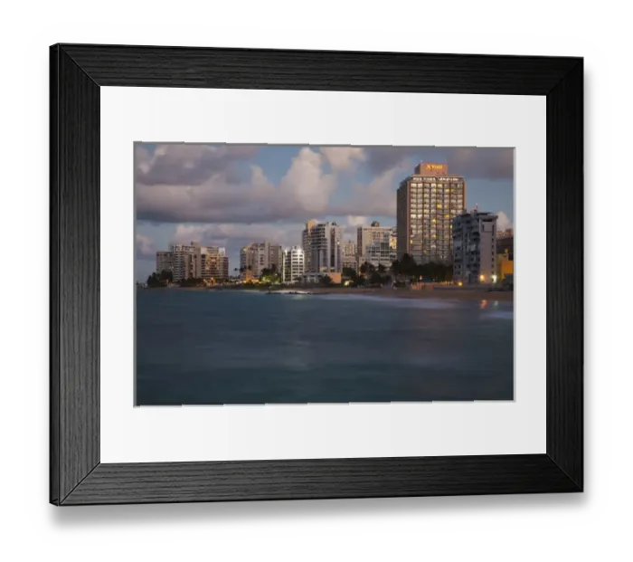Framed Print : Puerto Rico, San Juan, Condado, Condado high rise buildings and Condado Beach, dusk Framed Print : Puerto Rico, San Juan, Condado, Condado high rise buildings and Condado Beach, dusk