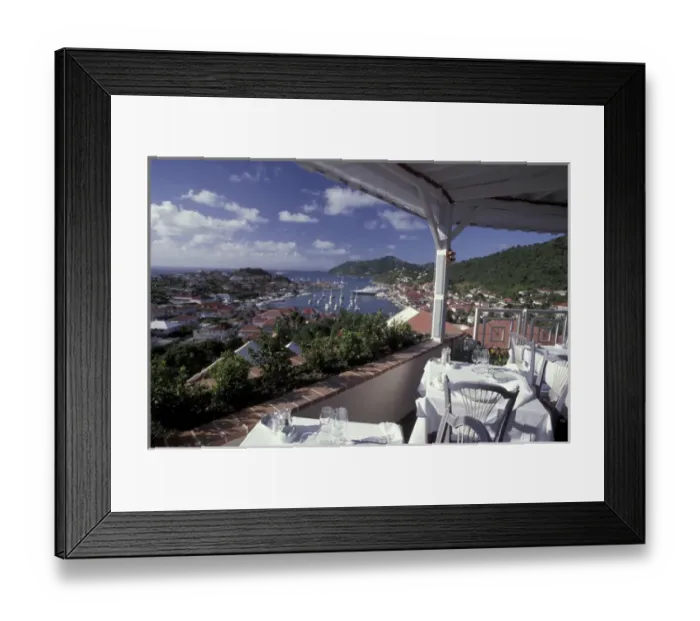 Framed Print : CARIBBEAN, Saint Barts View of Gustavia Harbor from restaurant terrace