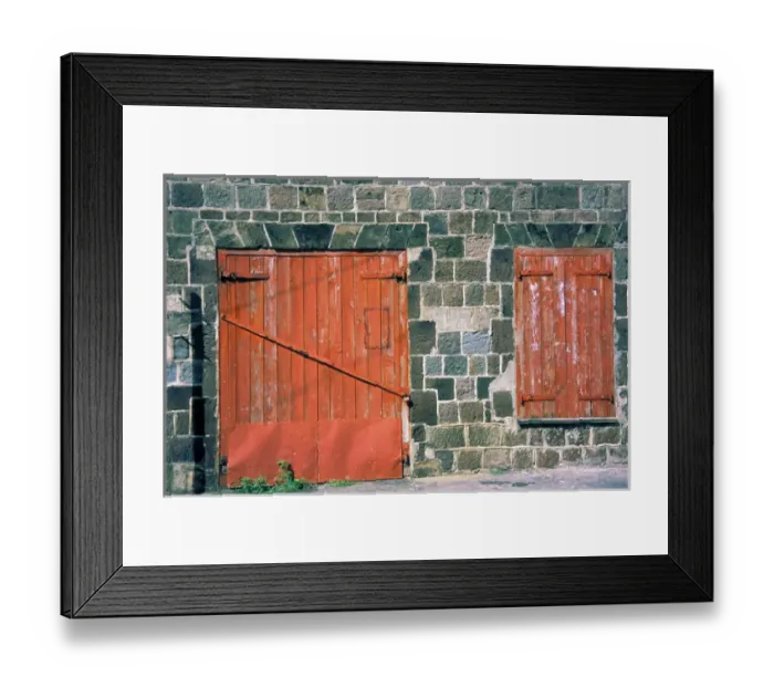 Framed Print : Caribbean, St. Kitts. Matching red window and door Framed Print : Caribbean, St. Kitts. Matching red window and door