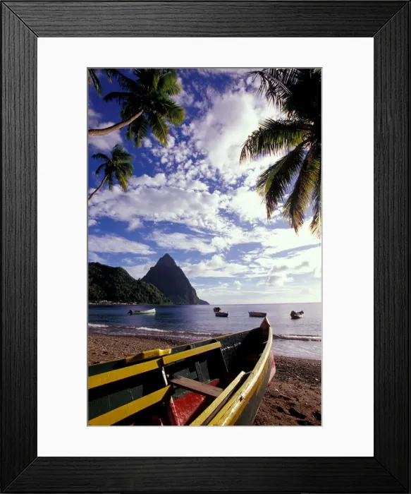 Framed Print : Caribbean, BWI, St. Lucia, Fishing boats and Pitons, Soufriere