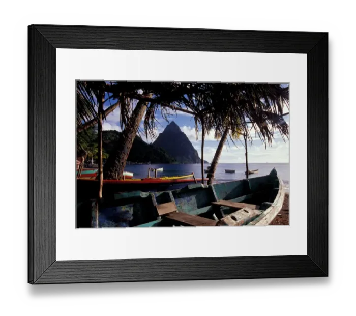 Framed Print : Caribbean, BWI, St. Lucia, Fishing boats and Pitons, Soufriere Framed Print : Caribbean, BWI, St. Lucia, Fishing boats and Pitons, Soufriere