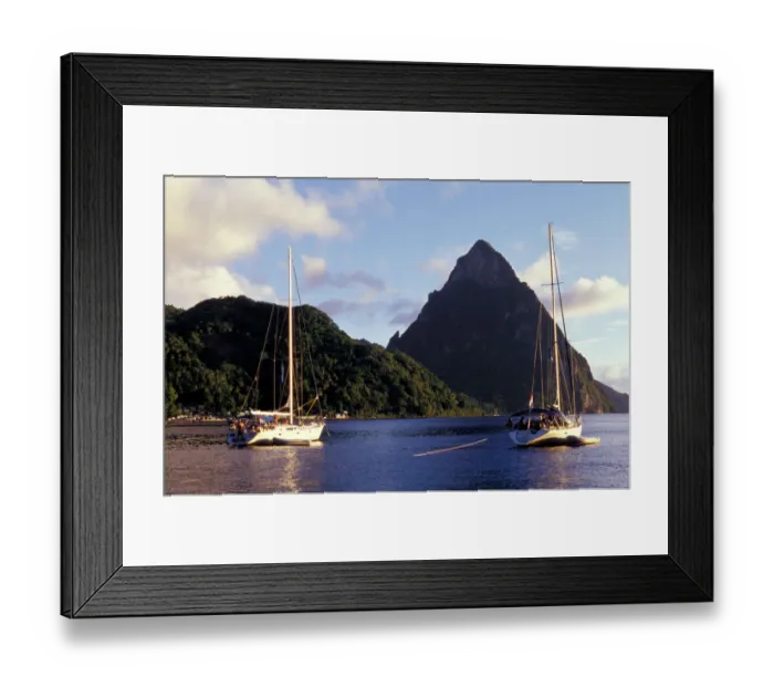 Framed Print : Caribbean, BWI, St. Lucia, Fishing boats and Pitons, Soufriere Framed Print : Caribbean, BWI, St. Lucia, Fishing boats and Pitons, Soufriere