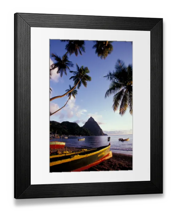 Framed Print : Caribbean, BWI, St. Lucia, Fishing boats and Pitons, Soufriere Framed Print : Caribbean, BWI, St. Lucia, Fishing boats and Pitons, Soufriere