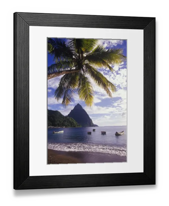 Framed Print : Fishing boats and Petit Piton, Souffriere, St Lucia, Caribbean