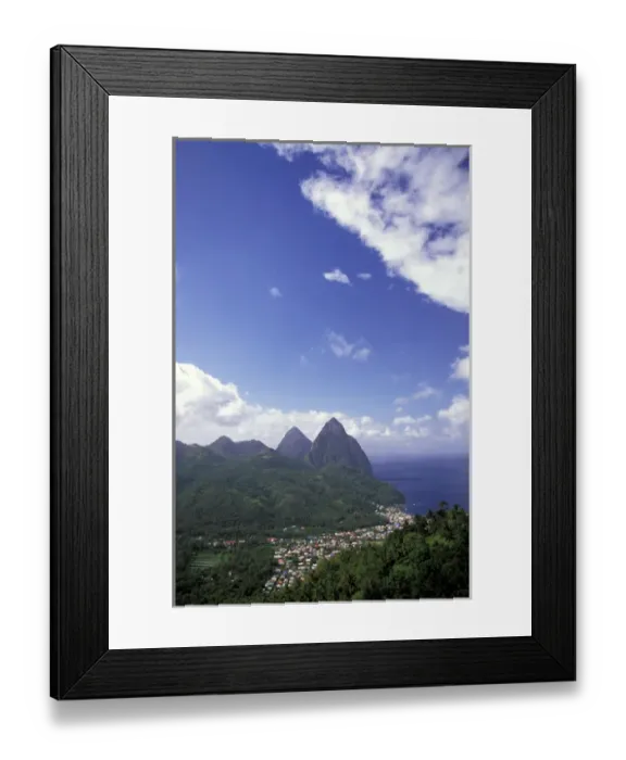 Framed Print : Caribbean, St. Lucia, Soufriere. Morning view of the Pitons and Soufriere from the NE Framed Print : Caribbean, St. Lucia, Soufriere. Morning view of the Pitons and Soufriere from the NE