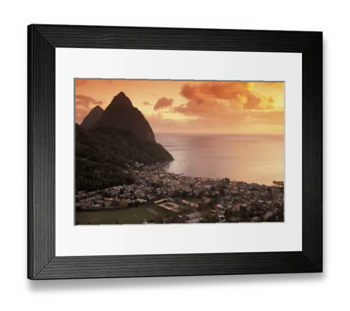 Framed Print : Caribbean, St. Lucia, Soufriere. Sunset view of the Pitons and Soufriere from the NE