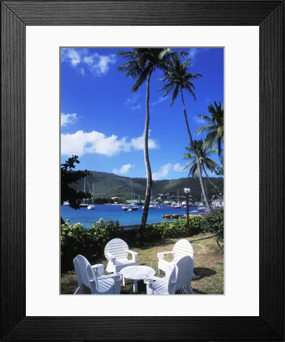 Framed Print : Harbor, palms, blue water, chairs at Port Elizabeth in Bequia, Grenadines Framed Print : Harbor, palms, blue water, chairs at Port Elizabeth in Bequia, Grenadines
