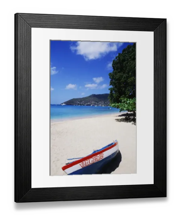 Framed Print : Colorful graphic boat Princess Margaret Beach in Bequia, Grenadines Framed Print : Colorful graphic boat Princess Margaret Beach in Bequia, Grenadines