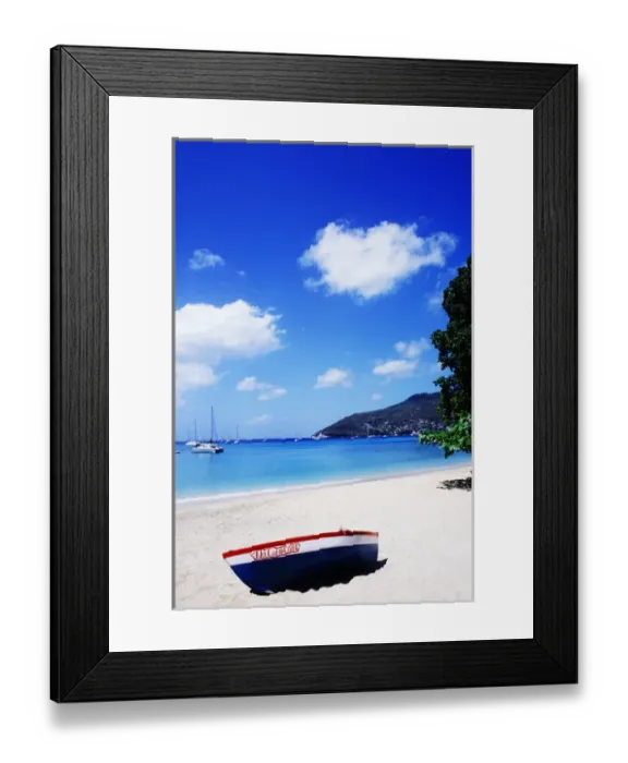 Framed Print : Colorful graphic boat Princess Margaret Beach in Bequia, Grenadines