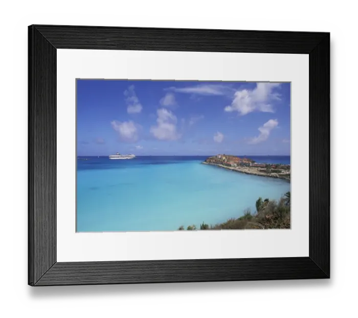 Framed Print : Caribbean, St. Maarten, Phillipsburg, Great Bay Beach. Coastal view with cruise ship Framed Print : Caribbean, St. Maarten, Phillipsburg, Great Bay Beach. Coastal view with cruise ship