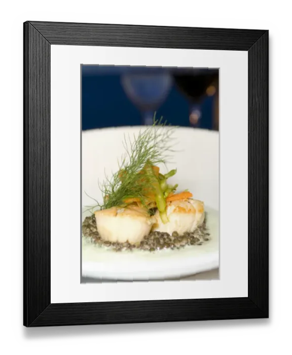 Framed Print : Poelee de St Jacques (seared sea scallops with asparagus and risotto) caribbean Framed Print : Poelee de St Jacques (seared sea scallops with asparagus and risotto) caribbean