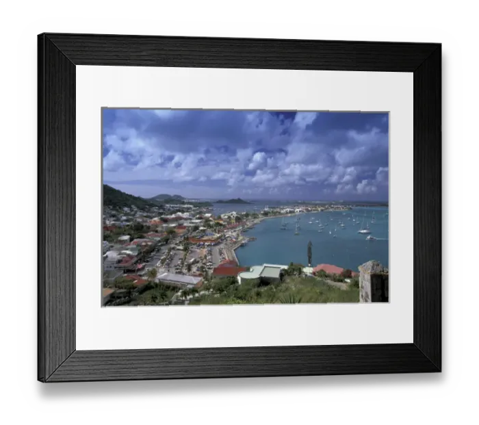 Framed Print : Caribbean, French West Indies, St. Martin Marigot; town from Ft. Louis; morning