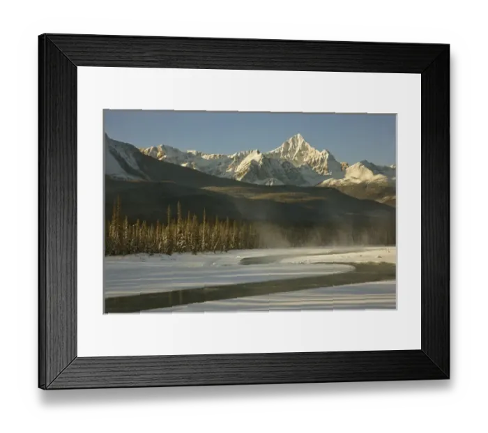 Framed Print : Canada, Alberta, Jasper National Park. Steam rises from the Athabasca River as it flows near Mt Framed Print : Canada, Alberta, Jasper National Park. Steam rises from the Athabasca River as it flows near Mt