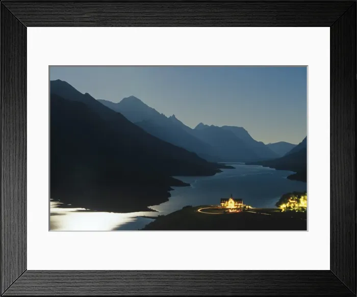 Framed Print : Prince of Wales Hotel and townsite at night under a full moon in Waterton Lakes National Framed Print : Prince of Wales Hotel and townsite at night under a full moon in Waterton Lakes National