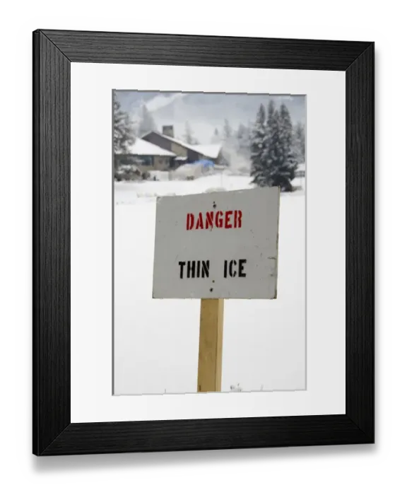 Framed Print : Canada, Alberta, Jasper, Jasper NP. Fairmont Jasper Park Lodge. Danger sign on frozen Framed Print : Canada, Alberta, Jasper, Jasper NP. Fairmont Jasper Park Lodge. Danger sign on frozen