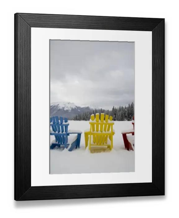 Framed Print : Canada, Alberta, Jasper, Jasper NP. Fairmont Jasper Park Lodge. Colorful chairs around frozen lake Framed Print : Canada, Alberta, Jasper, Jasper NP. Fairmont Jasper Park Lodge. Colorful chairs around frozen lake