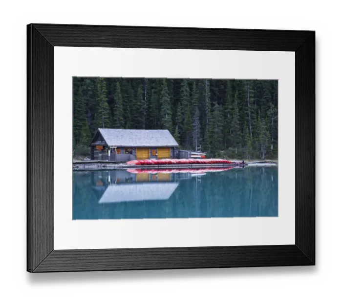 Framed Print : North America, Canada, Alberta, Banff National Park, canoe rental house on Lake Louise