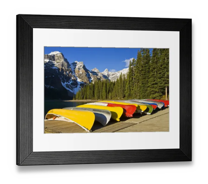 Framed Print : North America, Canada, Alberta, Banff National Park, Moraine Lake and rental canoes