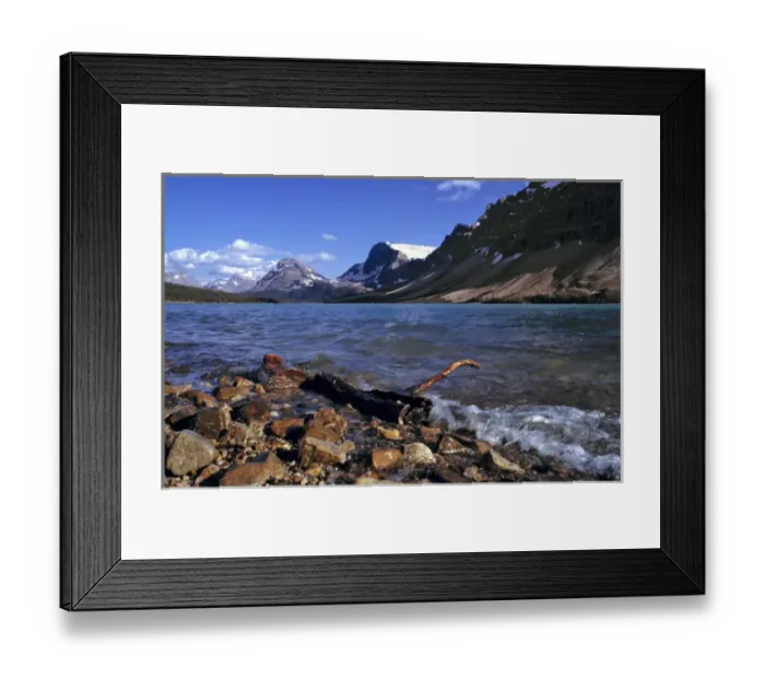 Framed Print : Canada, Alberta, Bow Lake. Rocks are tumbled on the shores of Bow Lake in Banff NP