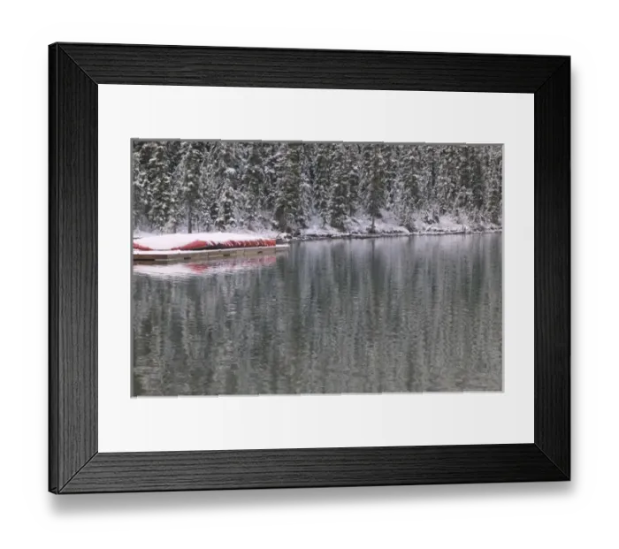 Framed Print : 02. Canada, Alberta, Banff National Park: Lake Louise, Red Canoes Under Snow