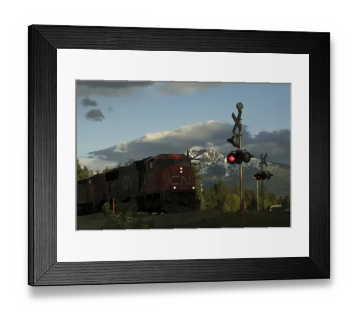 Framed Print : Canada: British Columbia, Valemount, train tracks and light in front of Canoe Mountain