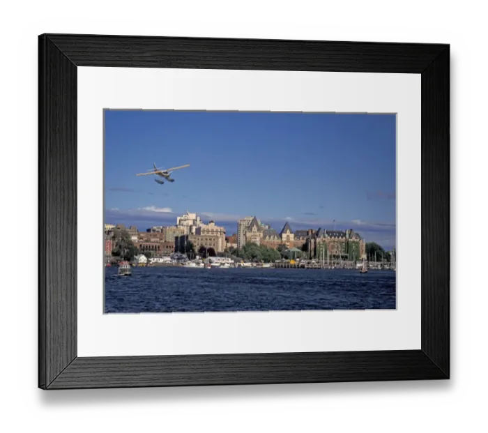 Framed Print : NA, Canada, BC, Victoria Harbor, Kenmore Air float plane makes final approach