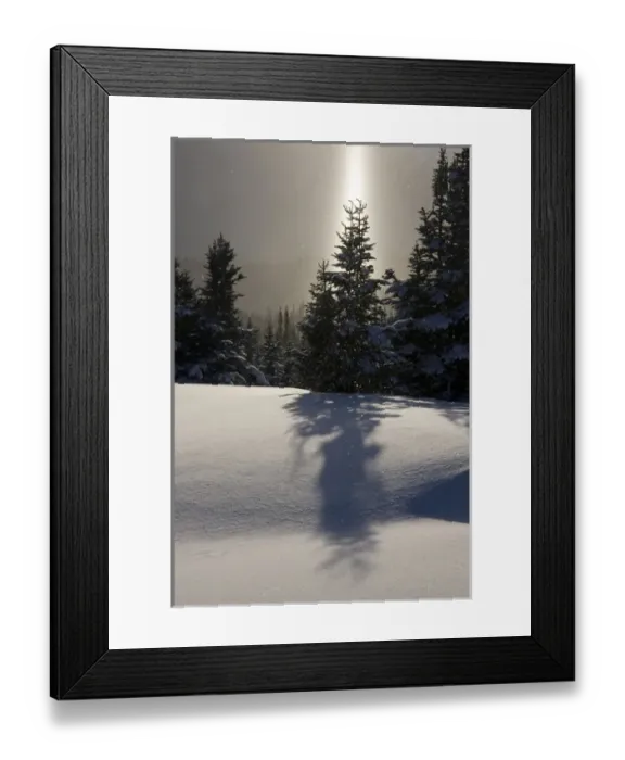 Framed Print : Canada, British Columbia, Smithers. A sun pillar of falling ice crystals and snow-laden