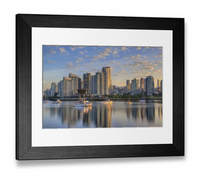 Framed Print : Looking across False Creek at the skyline of Vancouver British Columbia at sunrise Framed Print : Looking across False Creek at the skyline of Vancouver British Columbia at sunrise