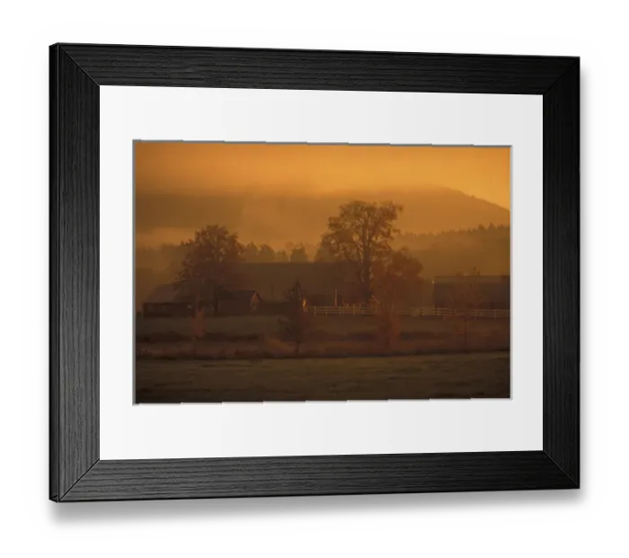 Framed Print : North America, Canada, British Columbia, Vancouver Island, Duncan Sunrise over a farm