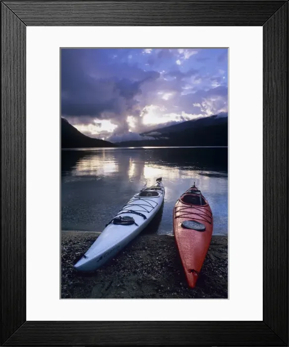 Framed Print : Kayaks at sunset on Rainbow Falls Beach on Azure Lake in Wells Gray Provincial Park Framed Print : Kayaks at sunset on Rainbow Falls Beach on Azure Lake in Wells Gray Provincial Park