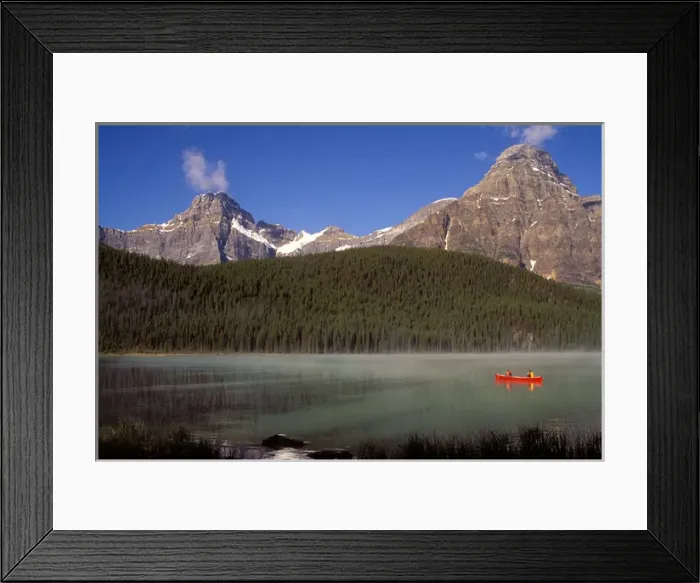 Framed Print : Alberta, Banff National Park, Boys fishing from a red canoe in Waterfowl Lake Framed Print : Alberta, Banff National Park, Boys fishing from a red canoe in Waterfowl Lake