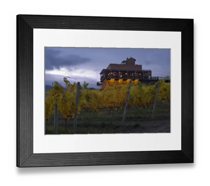 Framed Print : Stormy sky over the fall-colored vineyards and winery of Burrowing Owl Winery with Framed Print : Stormy sky over the fall-colored vineyards and winery of Burrowing Owl Winery with