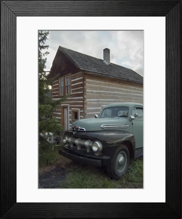 Framed Print : Historic log cabin and antique Ford pick up on the property of Summerhill Pyramid Winery Framed Print : Historic log cabin and antique Ford pick up on the property of Summerhill Pyramid Winery