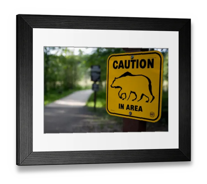 Framed Print : A sign warns visitors about bear danger near Laird River in Hotsprings Provincial Park Framed Print : A sign warns visitors about bear danger near Laird River in Hotsprings Provincial Park