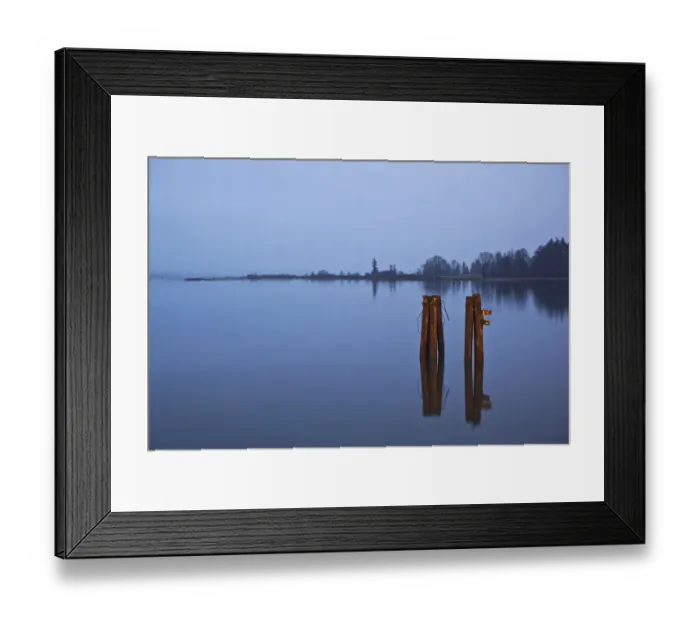 Framed Print : Canada, British Columbia, Dock pilings at dusk on winter evening