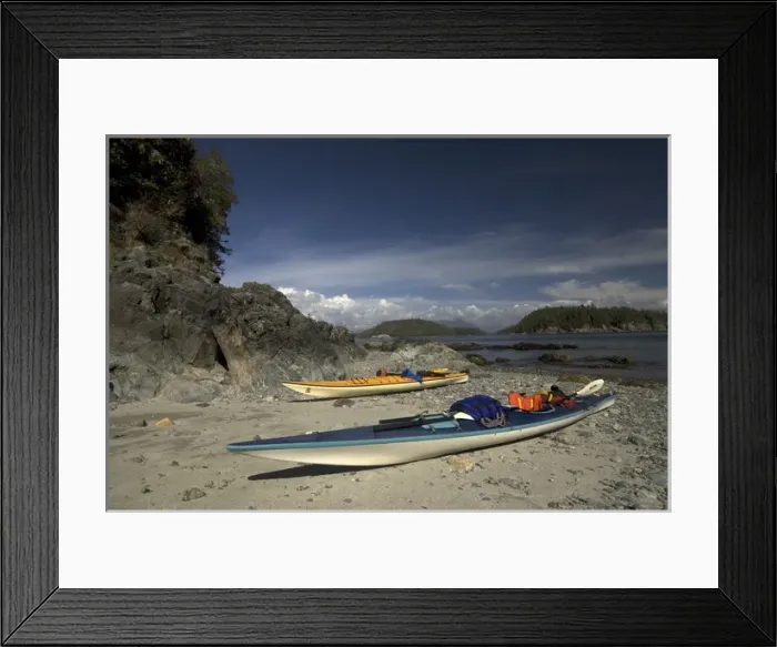 Framed Print : Kayaks at Dicebox Island, Broken Island Group, Pacific Rim National Park Preserve Framed Print : Kayaks at Dicebox Island, Broken Island Group, Pacific Rim National Park Preserve