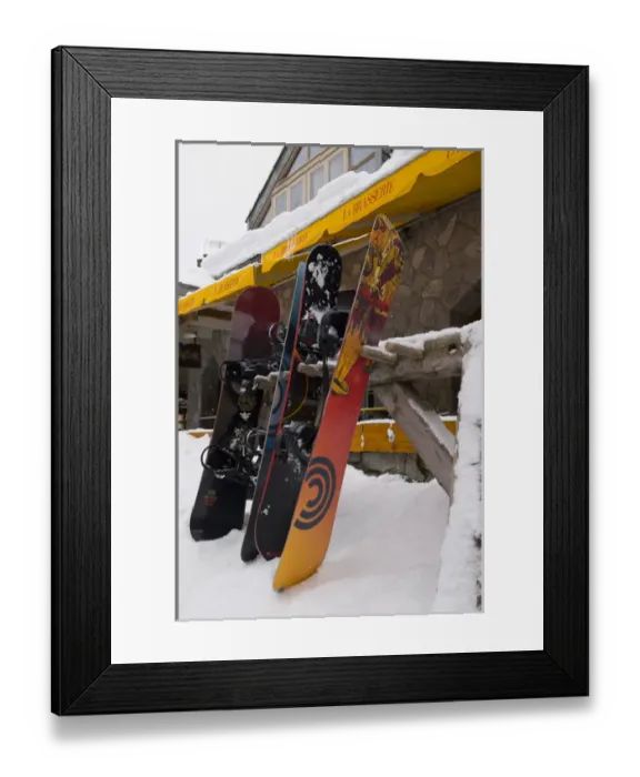 Framed Print : CA, BC, Whistler Village. Snowboards outside cafe in fresh snow Framed Print : CA, BC, Whistler Village. Snowboards outside cafe in fresh snow