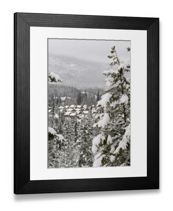 Framed Print : Canada, BC, Whistler. Whistler / Blackcomb resort housing seen from Lost Lake Trail system for hiking Framed Print : Canada, BC, Whistler. Whistler / Blackcomb resort housing seen from Lost Lake Trail system for hiking