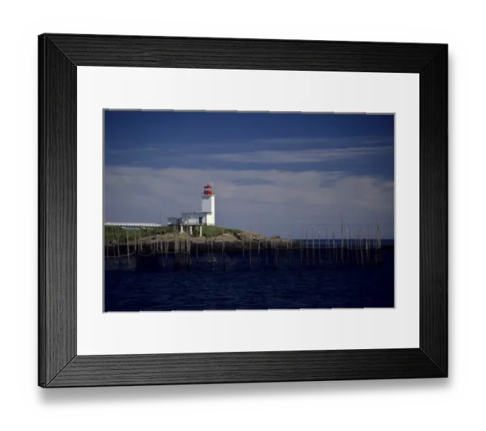 Framed Print : Canada: New Brunswick, Bliss Harbor, Bliss Point Light with fish weirs, July Framed Print : Canada: New Brunswick, Bliss Harbor, Bliss Point Light with fish weirs, July