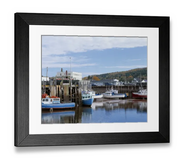 Framed Print : Lobster boats tied up to dock at low tide in Alma, along the Bay of Fundy coast of New Brunswick Framed Print : Lobster boats tied up to dock at low tide in Alma, along the Bay of Fundy coast of New Brunswick