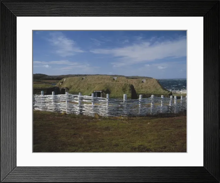 Framed Print : Wooden fence around sod buildings in L Anse aux Meadows Nat l Historic Site Framed Print : Wooden fence around sod buildings in L Anse aux Meadows Nat l Historic Site