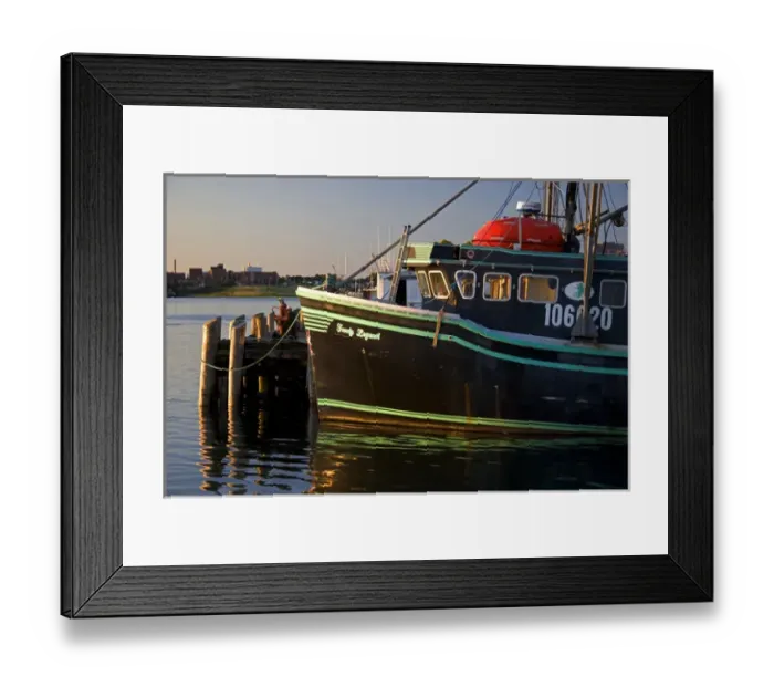 Framed Print : Fishing boat at sunset docked at Yarmouth, Nova Scotia, Canada. canada, canadian